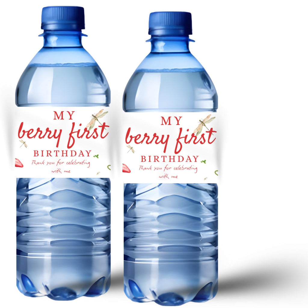 Strawberry First Birthday Water Bottle Labels | My Berry First Birthday| Thank You Message | Party Table Accents |12| Glossy | 1st Birthday