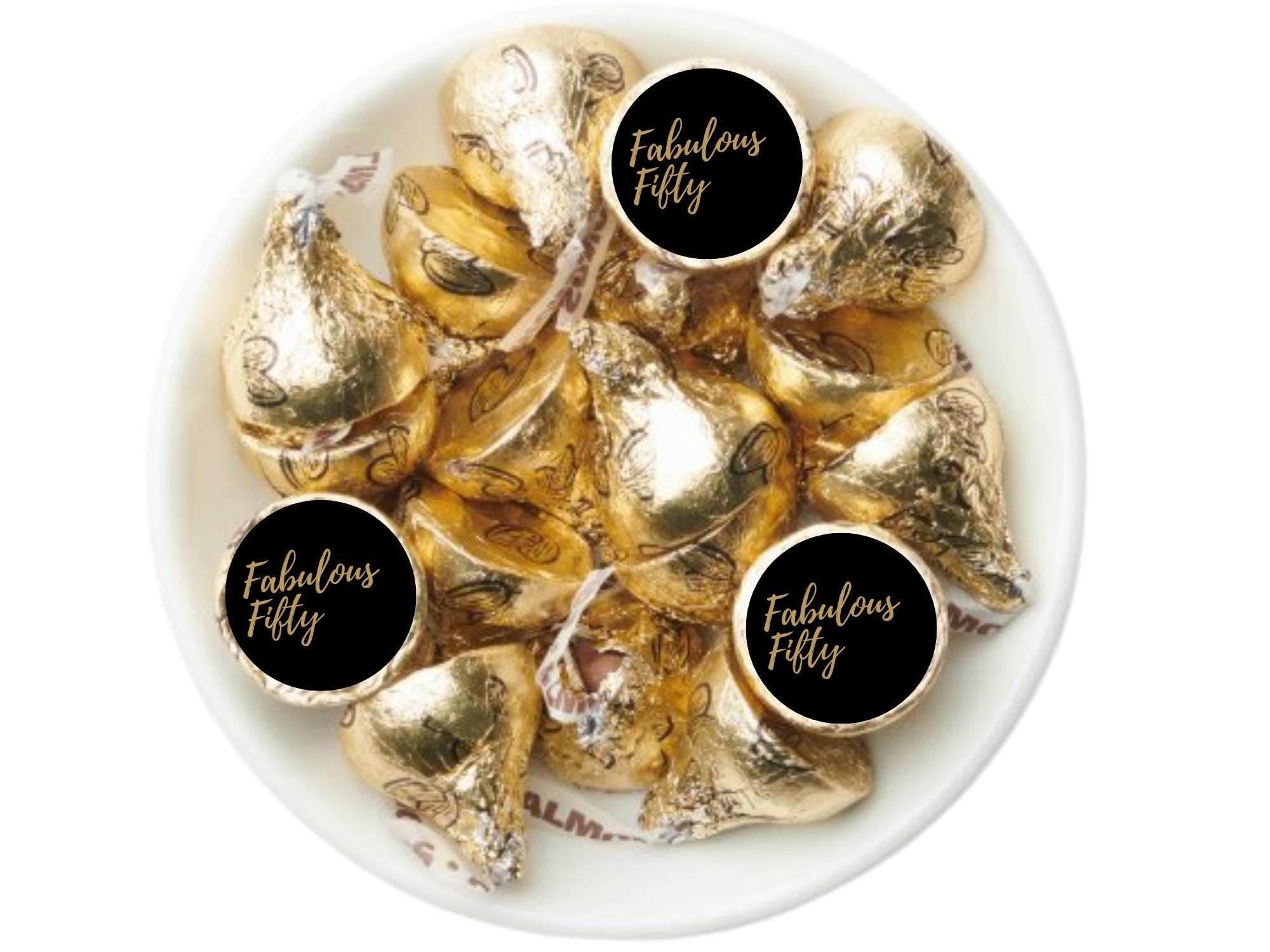 Fabulous Fifty Candy Kiss Stickers | Black Gold 50th Birthday Theme | 100 Pack