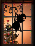 Christmas Elf Hanging Lights Window Cling | Large Silhouette Static Cling Décor