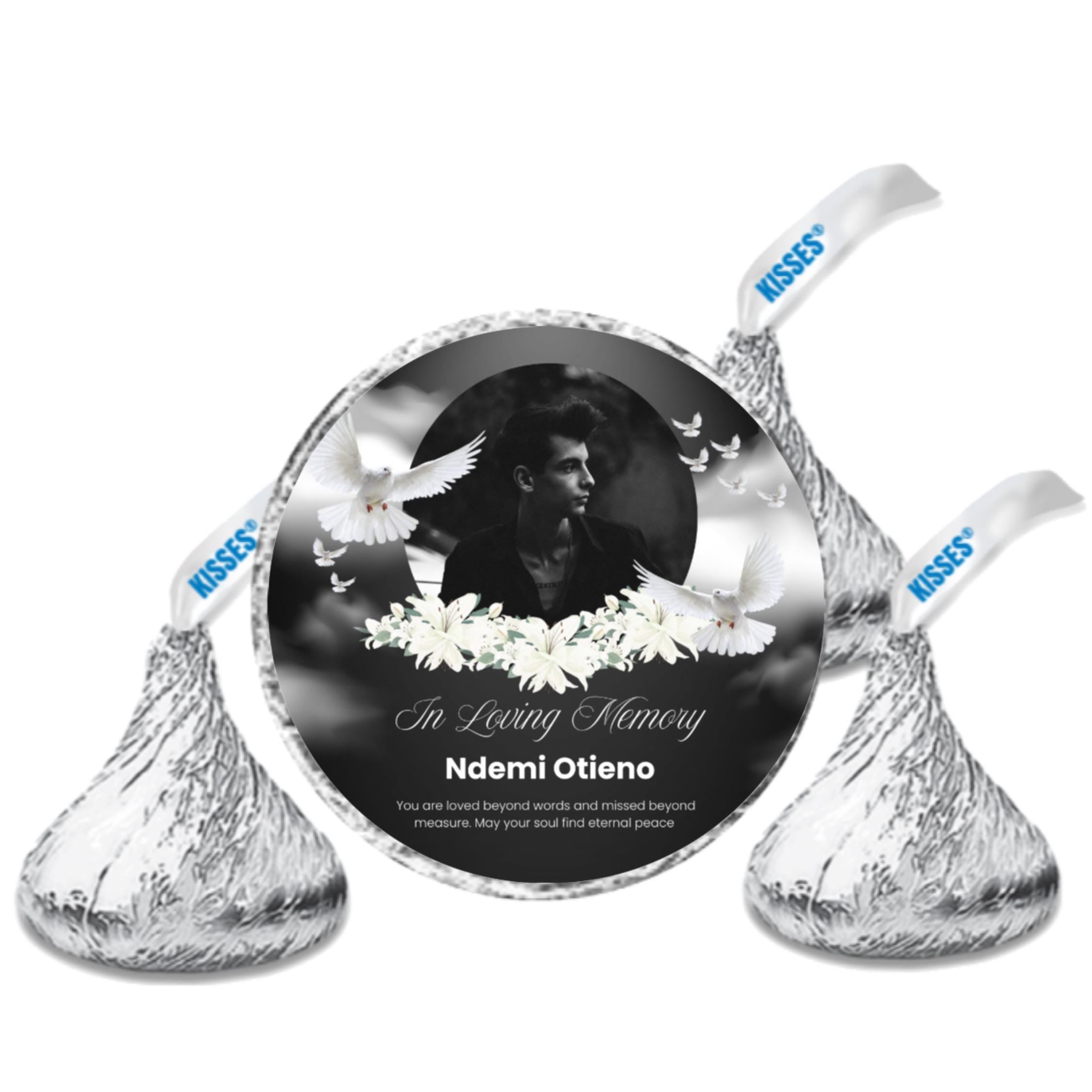 Personalized Memorial Stickers | In Loving Memory Candy Labels | 100 Glossy Candy Kiss Stickers | Custom Name Message