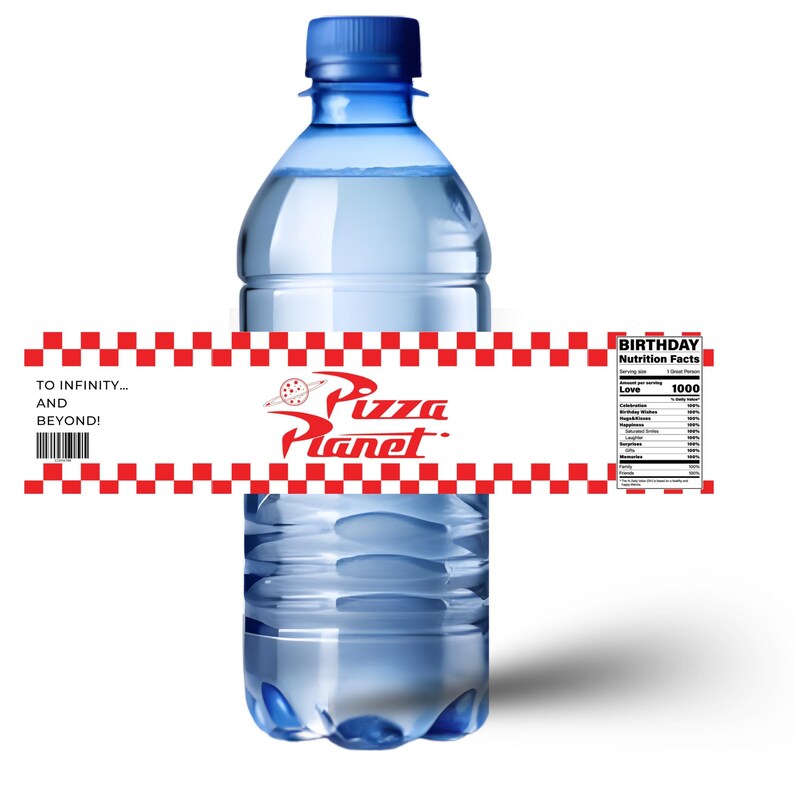 Pizza Planet Water Bottle Labels |Pizza Planet Theme | Glossy Water Bottle Wraps | Party Table Decor