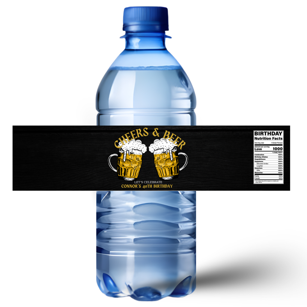 Custom 40th Birthday Water Bottle Labels, Cheers & Beer Theme, Waterproof