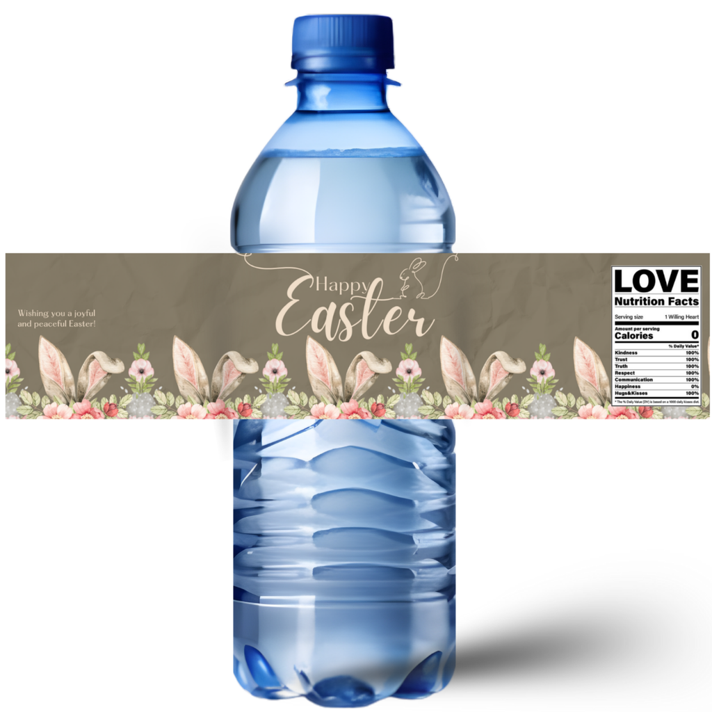 Happy Easter Water Bottle Labels | Bunny Ears Floral Design | Spring Party Decor |12ct| Glossy