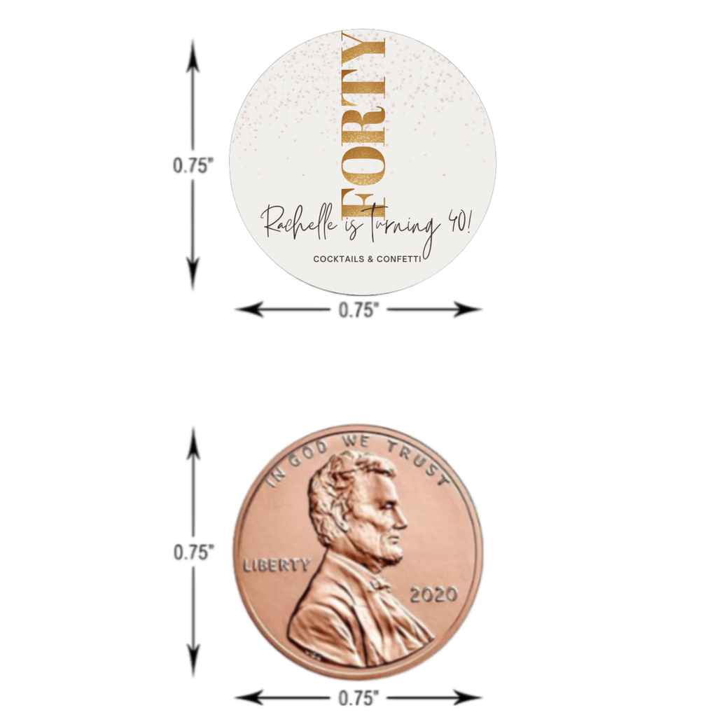 Cocktails & Confetti Custom Name Chocolate Candy Labels, Gold 40th Birthday Party Stickers, 0.75 Inch Round, Set of 100