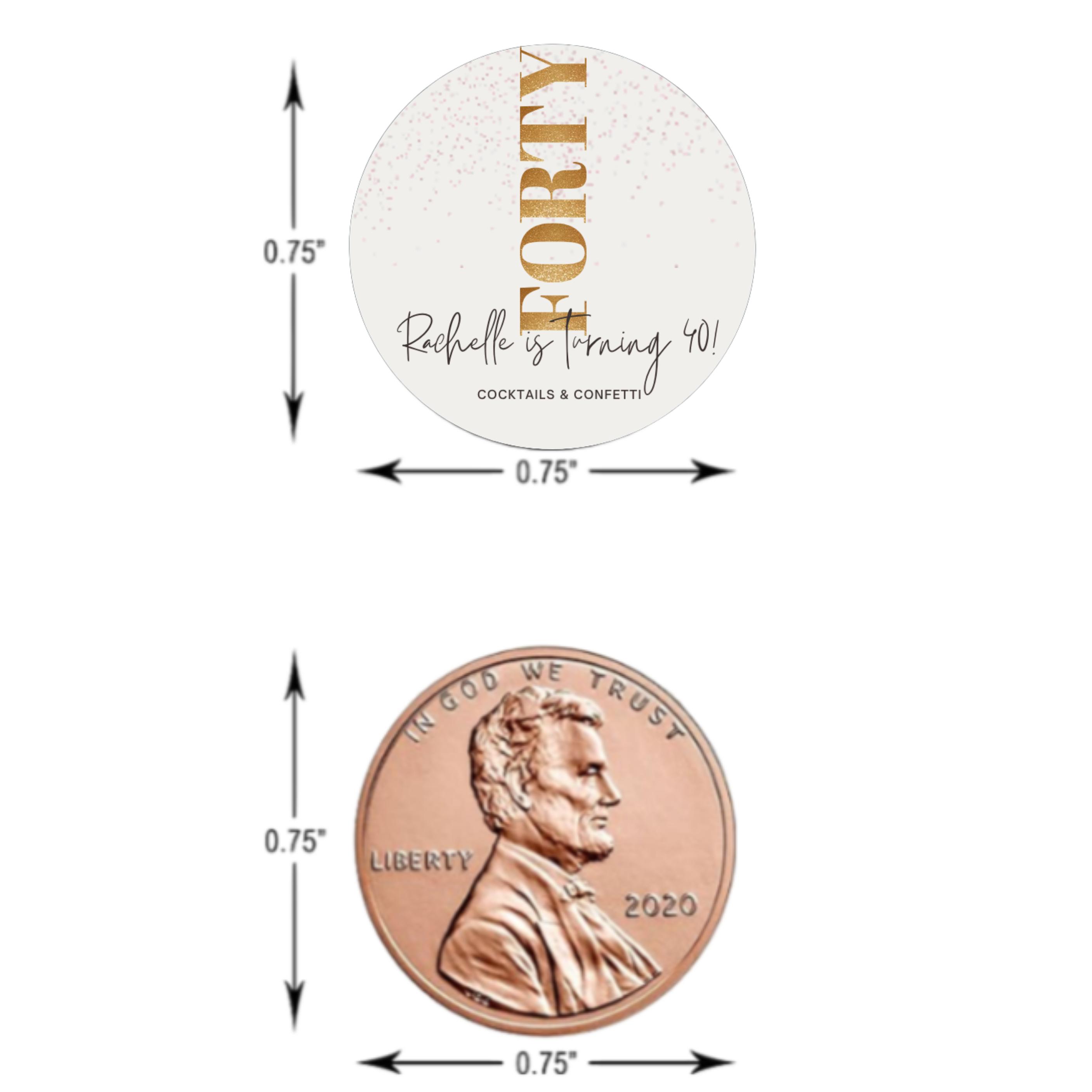 Cocktails & Confetti Custom Name Chocolate Candy Labels, Gold 40th Birthday Party Stickers, 0.75 Inch Round, Set of 100