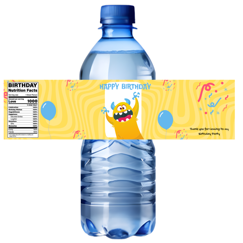 Monster Theme Birthday Water Bottle Labels | Cartoon Monster Party Decor | Happy Birthday Bottle Wraps | Glossy