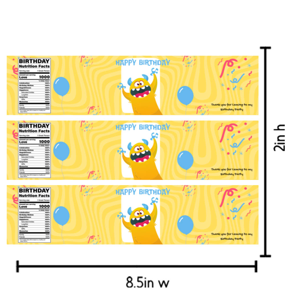 Monster Theme Birthday Water Bottle Labels | Cartoon Monster Party Decor | Happy Birthday Bottle Wraps | Glossy