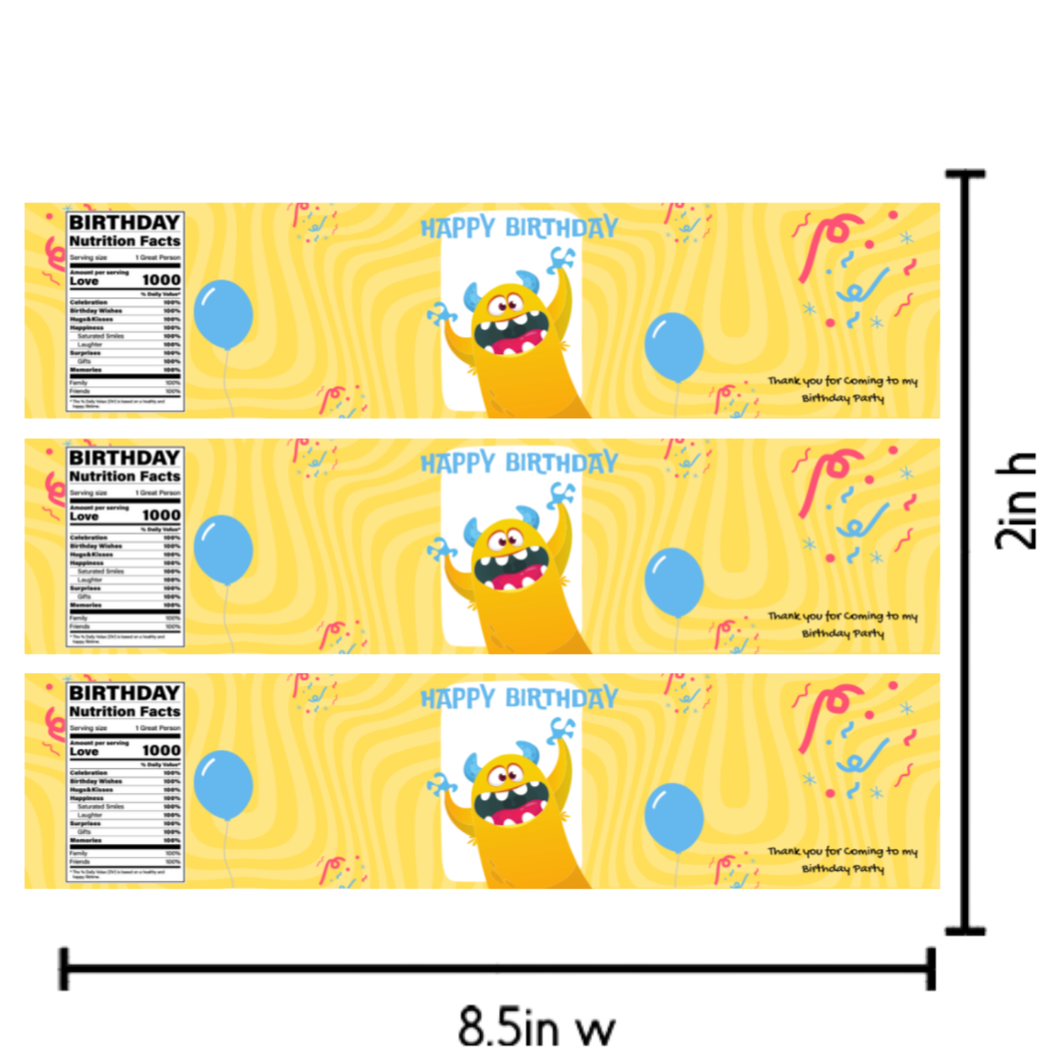 Monster Theme Birthday Water Bottle Labels | Cartoon Monster Party Decor | Happy Birthday Bottle Wraps | Glossy