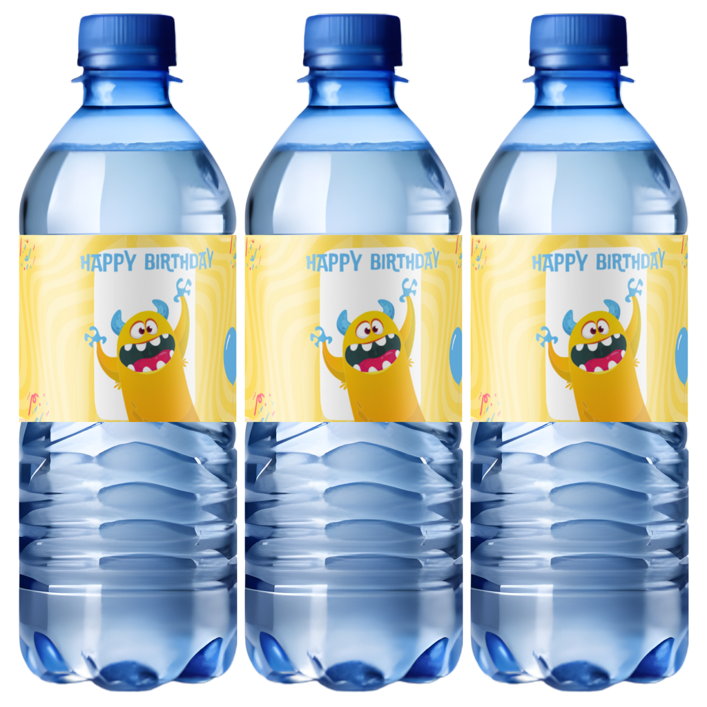 Monster Theme Birthday Water Bottle Labels | Cartoon Monster Party Decor | Happy Birthday Bottle Wraps | Glossy