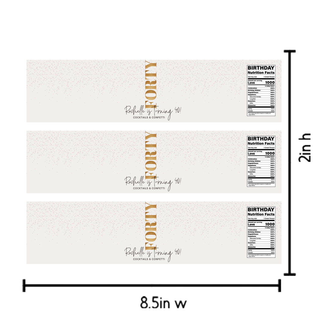 40th Birthday Water Bottle Labels | Cocktails and Confetti Theme | Turning 40 Party Decor | Glossy