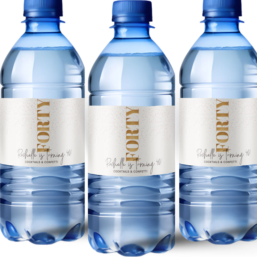 40th Birthday Water Bottle Labels | Cocktails and Confetti Theme | Turning 40 Party Decor | Glossy