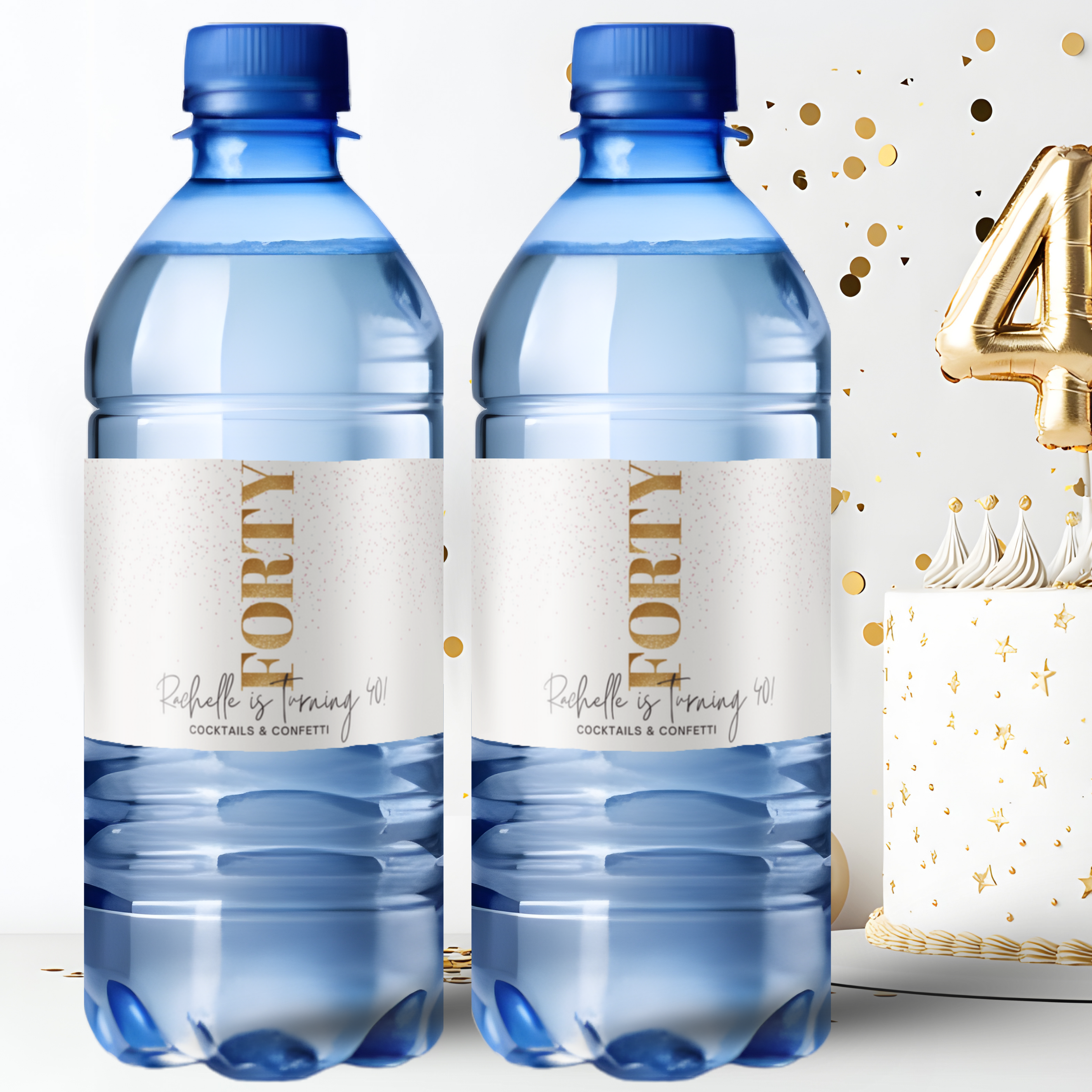 40th Birthday Water Bottle Labels | Cocktails and Confetti Theme | Turning 40 Party Decor | Glossy