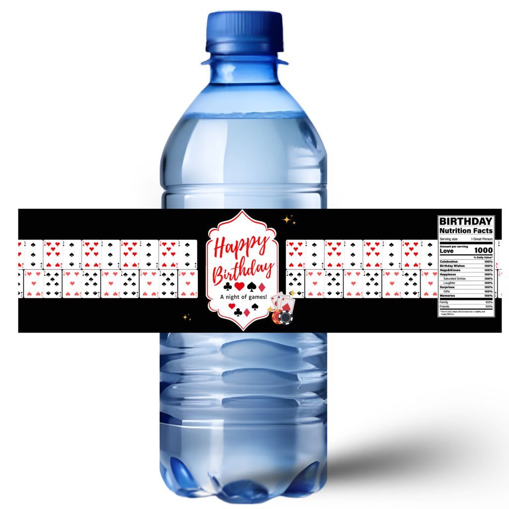 Casino Night Birthday Water Labels | Playing Cards Theme |Poker Theme Birthday Water Bottle Labels| Glossy