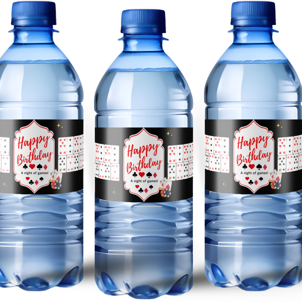 Casino Night Birthday Water Labels | Playing Cards Theme |Poker Theme Birthday Water Bottle Labels| Glossy