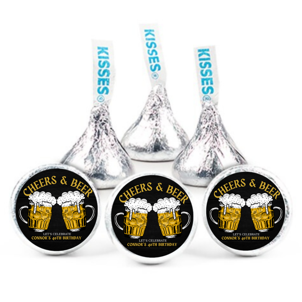 Personalized Birthday Kiss Chocolate Candy Labels, Cheers & Beer Design, 40th Birthday Party Favors