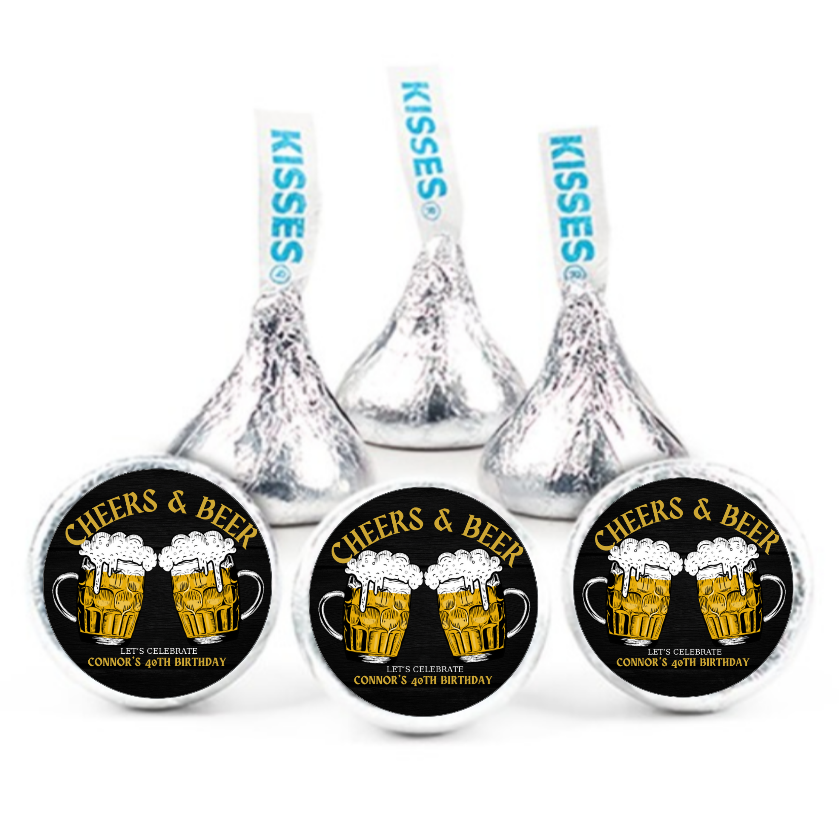 Personalized Birthday Kiss Chocolate Candy Labels, Cheers & Beer Design, 40th Birthday Party Favors