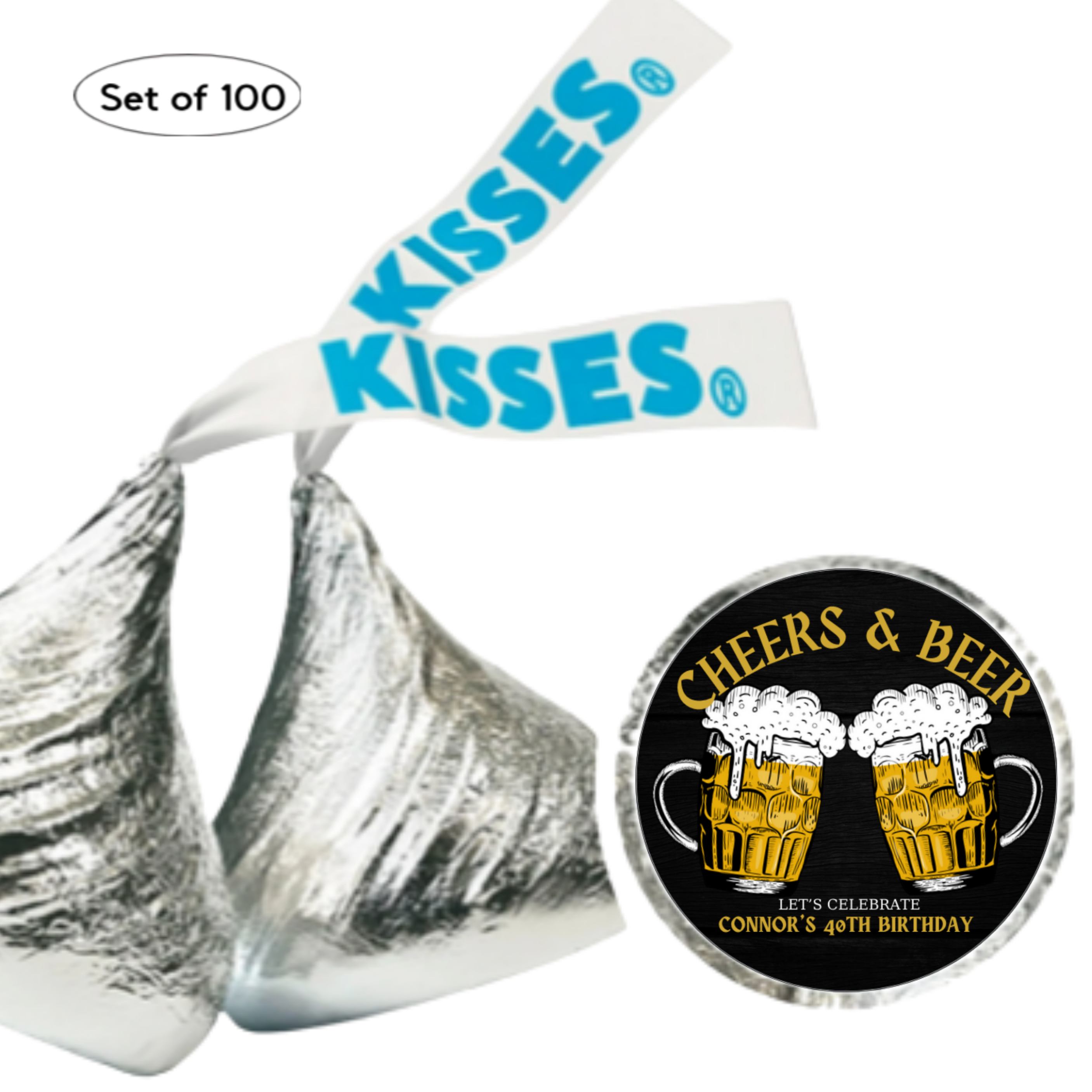Personalized Birthday Kiss Chocolate Candy Labels, Cheers & Beer Design, 40th Birthday Party Favors