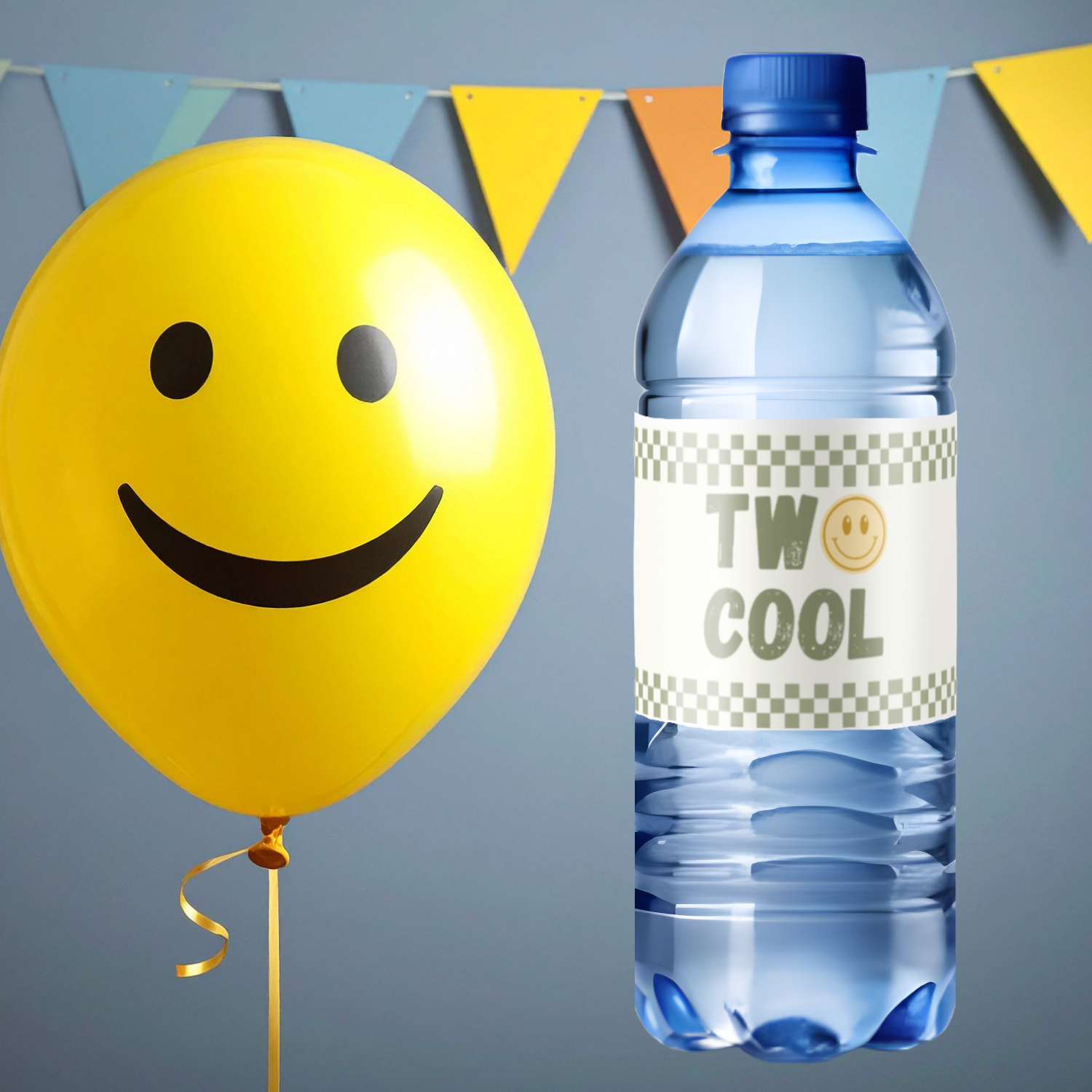 Two Cool 2nd Birthday Water Bottle Labels | Sports Party Table Accents | Smiley Face Theme | Glossy