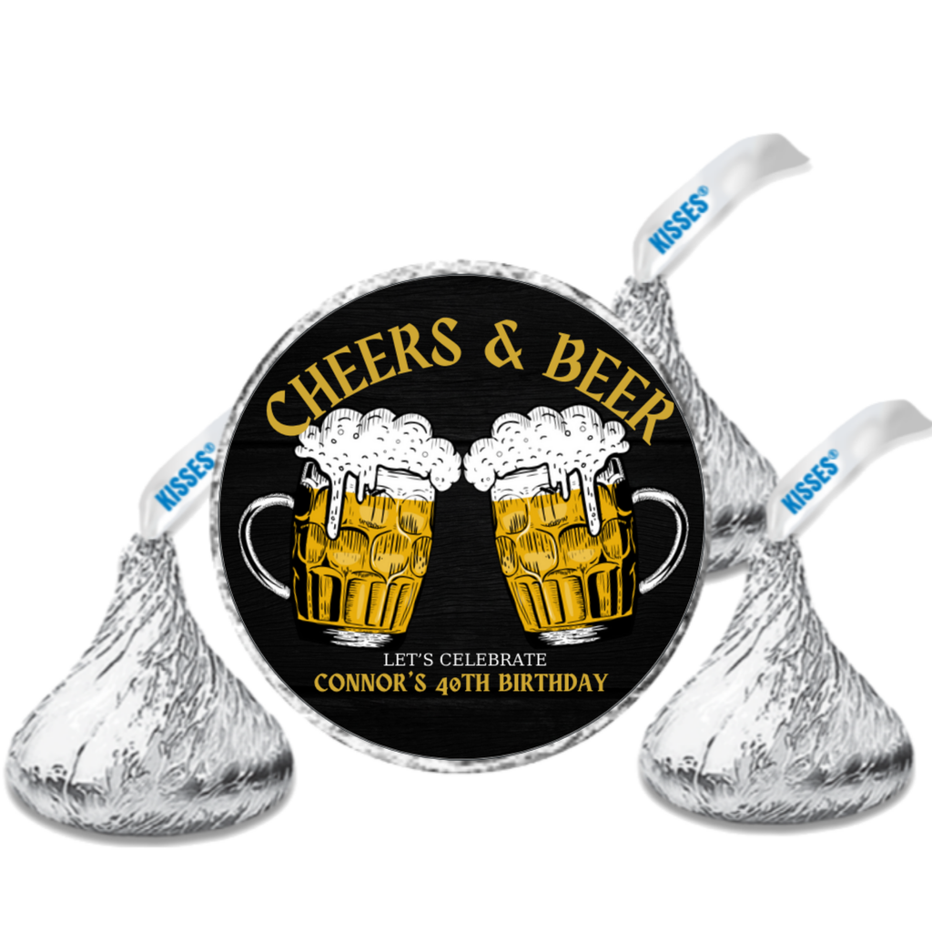 Personalized Birthday Kiss Chocolate Candy Labels, Cheers & Beer Design, 40th Birthday Party Favors