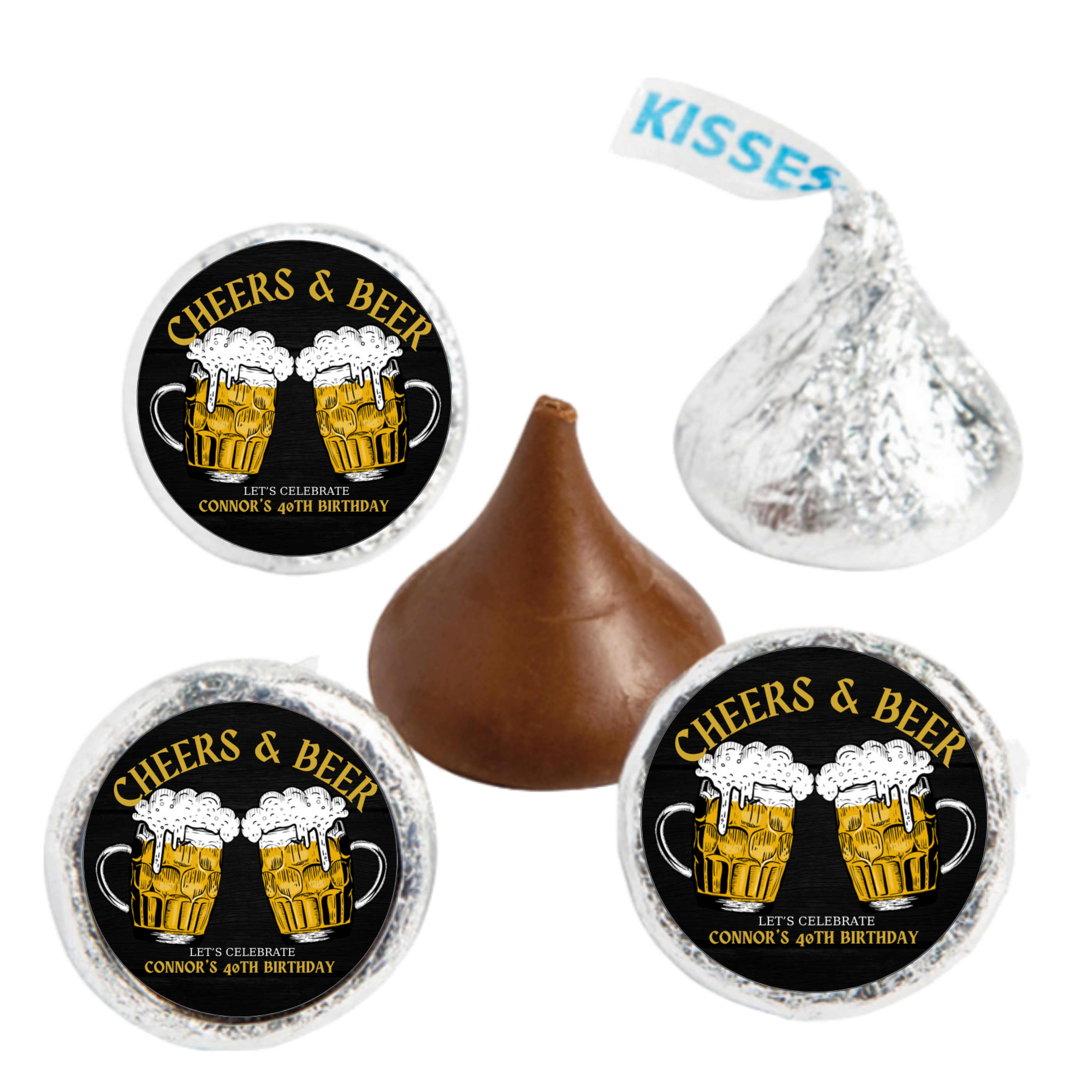 Personalized Birthday Kiss Chocolate Candy Labels, Cheers & Beer Design, 40th Birthday Party Favors