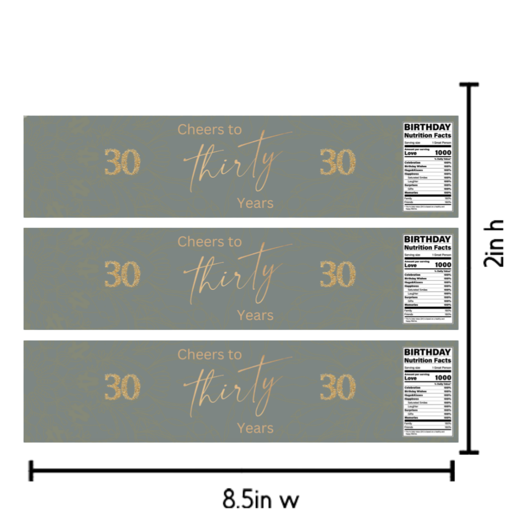 Cheers to 30 Years Water Bottle Labels | 30th Birthday Party table Accents |Glossy| 12ct|Green