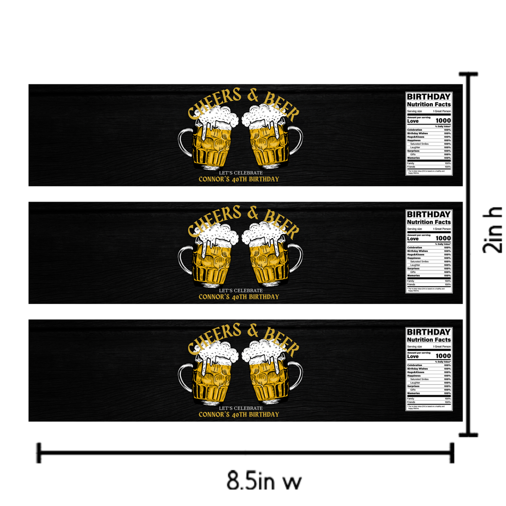 Custom 40th Birthday Water Bottle Labels, Cheers & Beer Theme, Waterproof