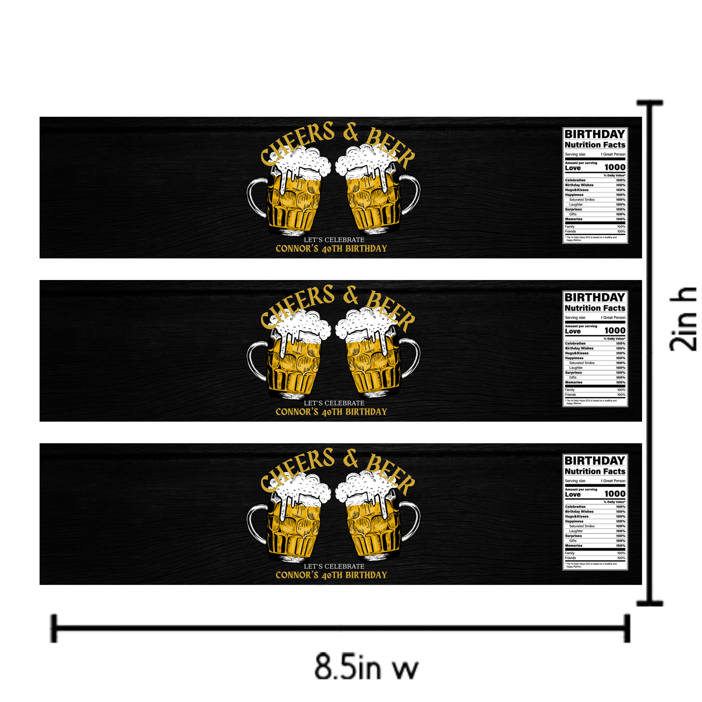 Custom 40th Birthday Water Bottle Labels, Cheers & Beer Theme, Waterproof