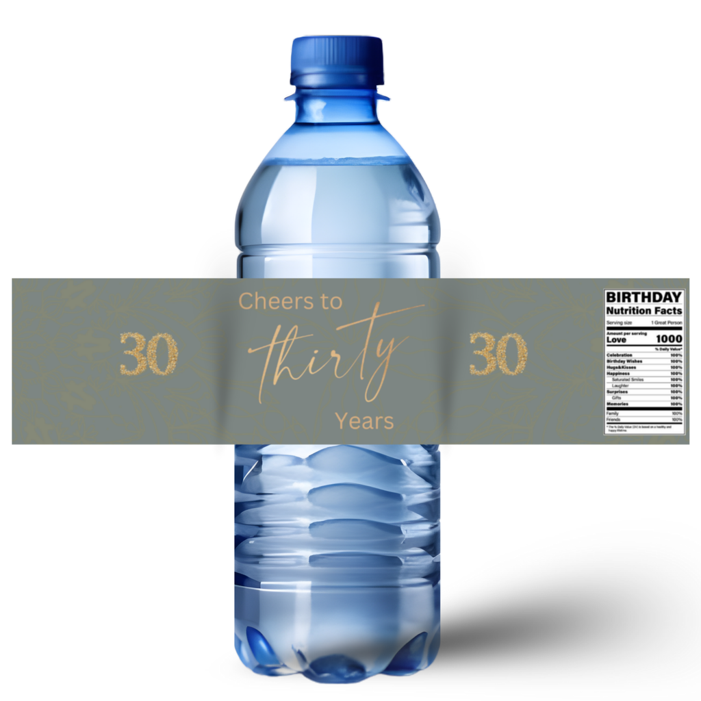 Cheers to 30 Years Water Bottle Labels | 30th Birthday Party table Accents |Glossy| 12ct|Green