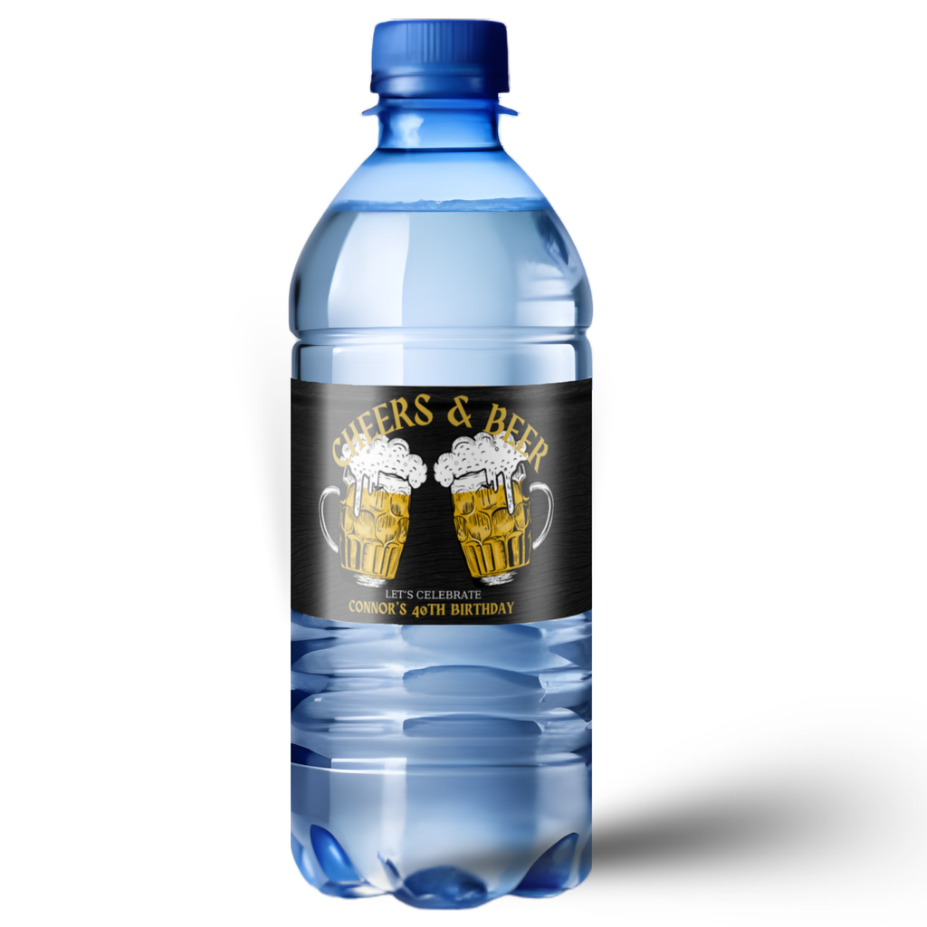Custom 40th Birthday Water Bottle Labels, Cheers & Beer Theme, Waterproof