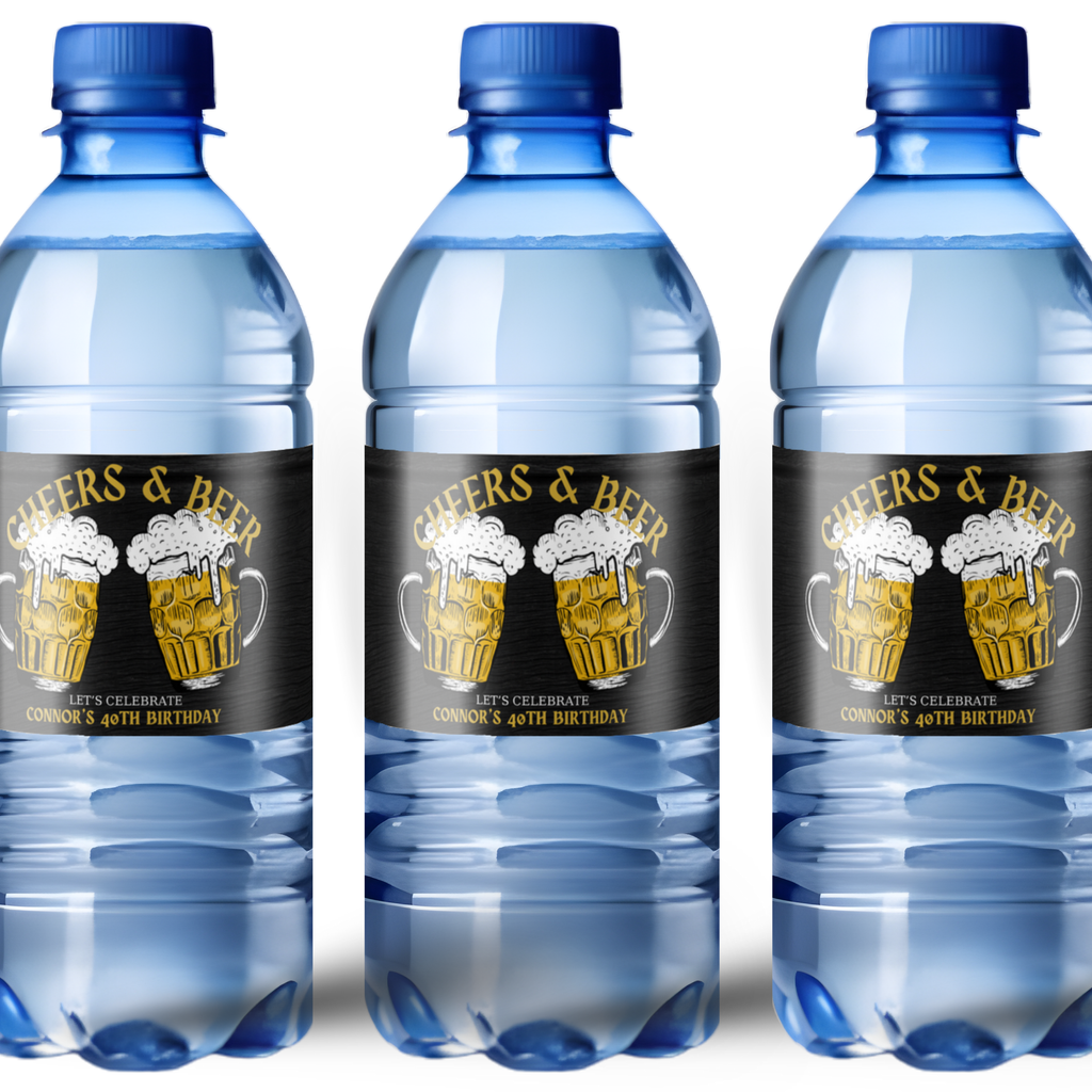 Custom 40th Birthday Water Bottle Labels, Cheers & Beer Theme, Waterproof