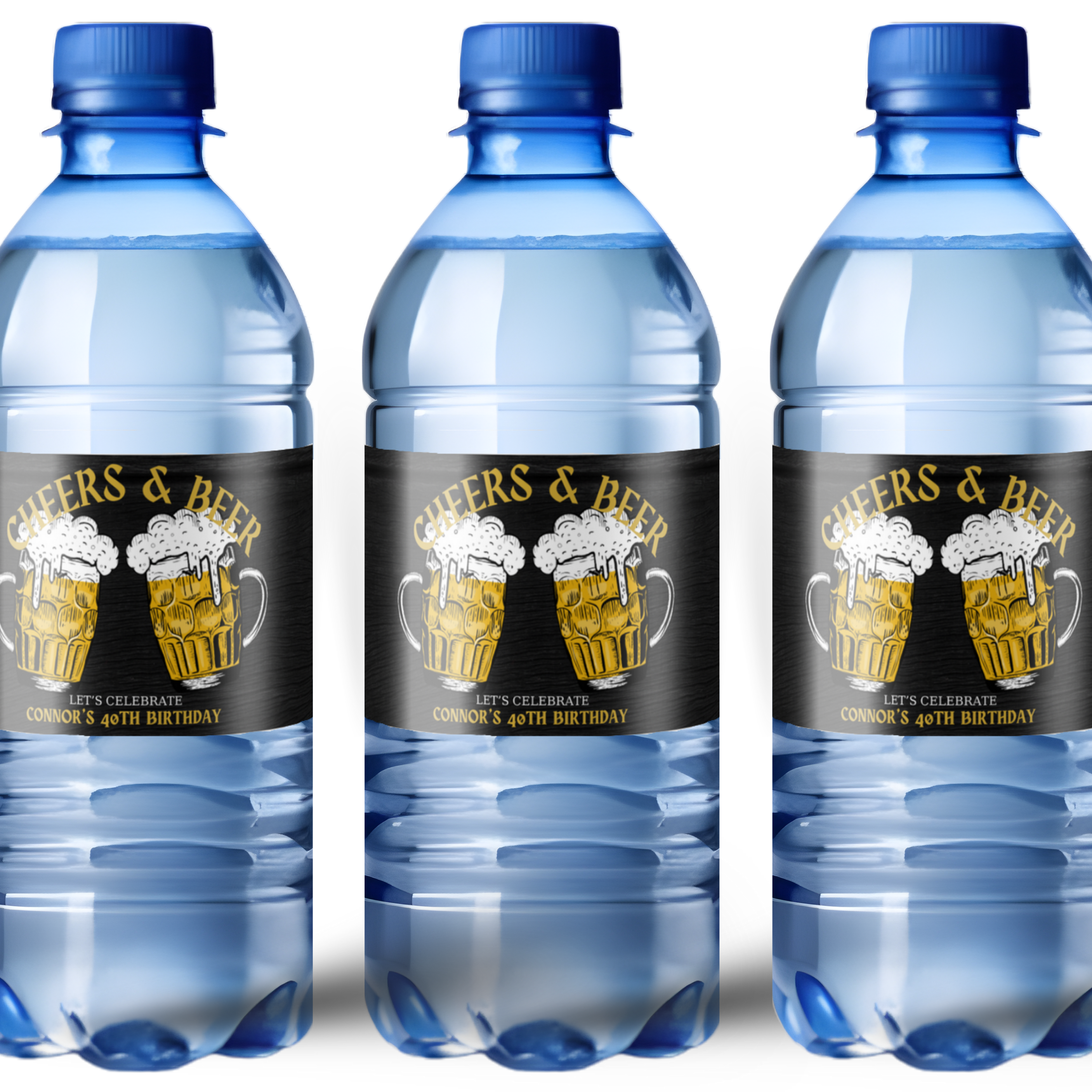 Custom 40th Birthday Water Bottle Labels, Cheers & Beer Theme, Waterproof