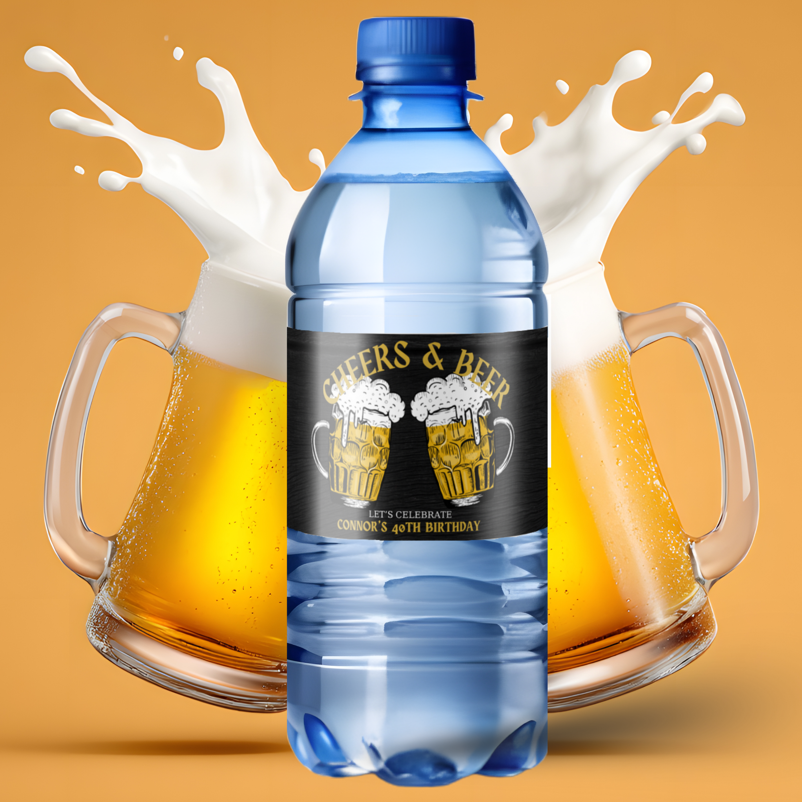 Custom 40th Birthday Water Bottle Labels, Cheers & Beer Theme, Waterproof