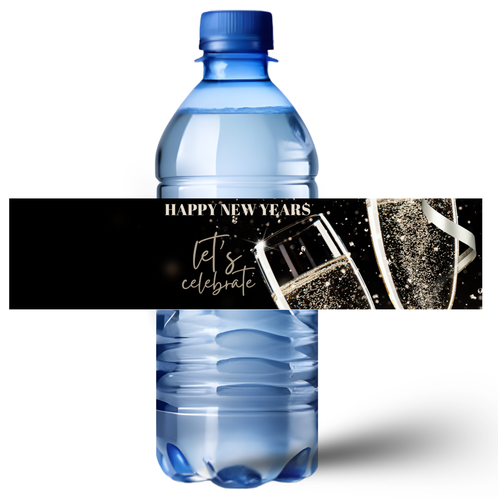 New Year's Eve Water Bottle Labels, Waterproof Self-Adhesive Stickers, 8.5 x 2 Inches, 12 Pack, Fits 16.9/12.9/8 oz Bottles