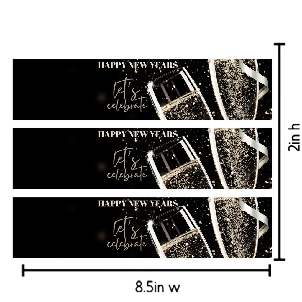New Year's Eve Water Bottle Labels, Waterproof Self-Adhesive Stickers, 8.5 x 2 Inches, 12 Pack, Fits 16.9/12.9/8 oz Bottles