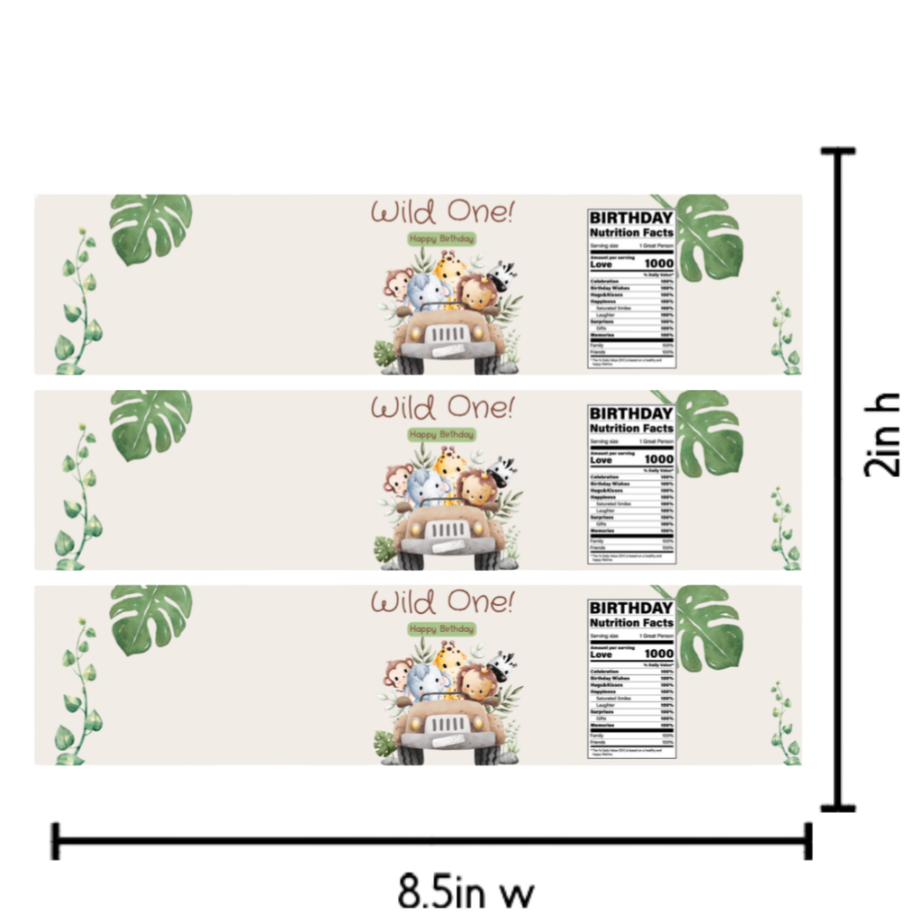 Wild One Safari Water Bottle Labels| 1st Birthday Water Bottle Wraps| 12| Glossy| Animal Theme