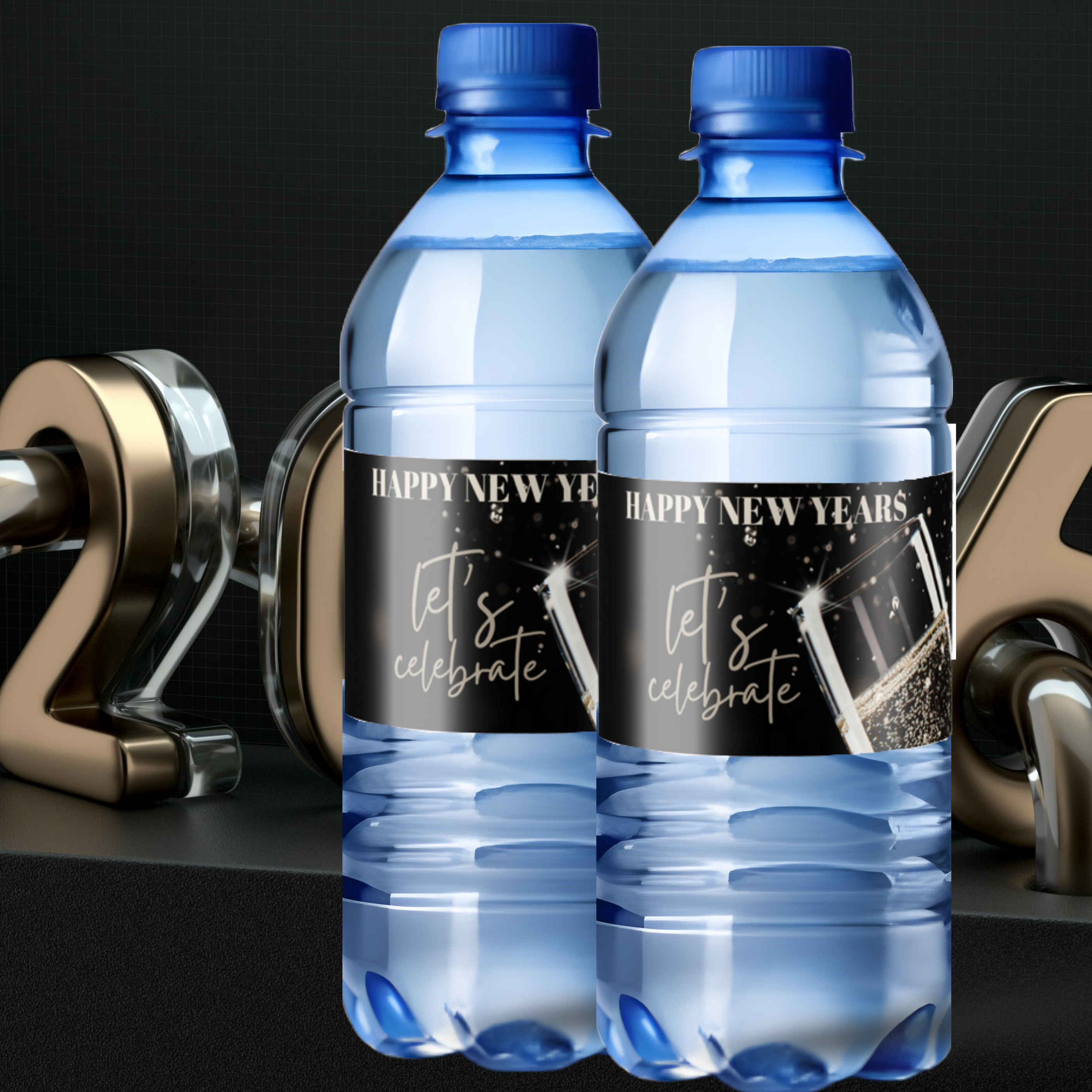 New Year's Eve Water Bottle Labels, Waterproof Self-Adhesive Stickers, 8.5 x 2 Inches, 12 Pack, Fits 16.9/12.9/8 oz Bottles