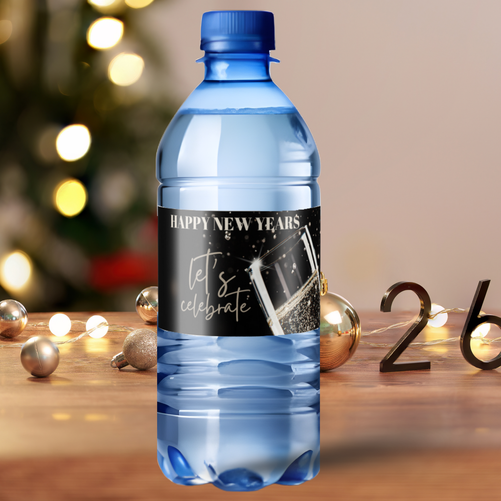 New Year's Eve Water Bottle Labels, Waterproof Self-Adhesive Stickers, 8.5 x 2 Inches, 12 Pack, Fits 16.9/12.9/8 oz Bottles
