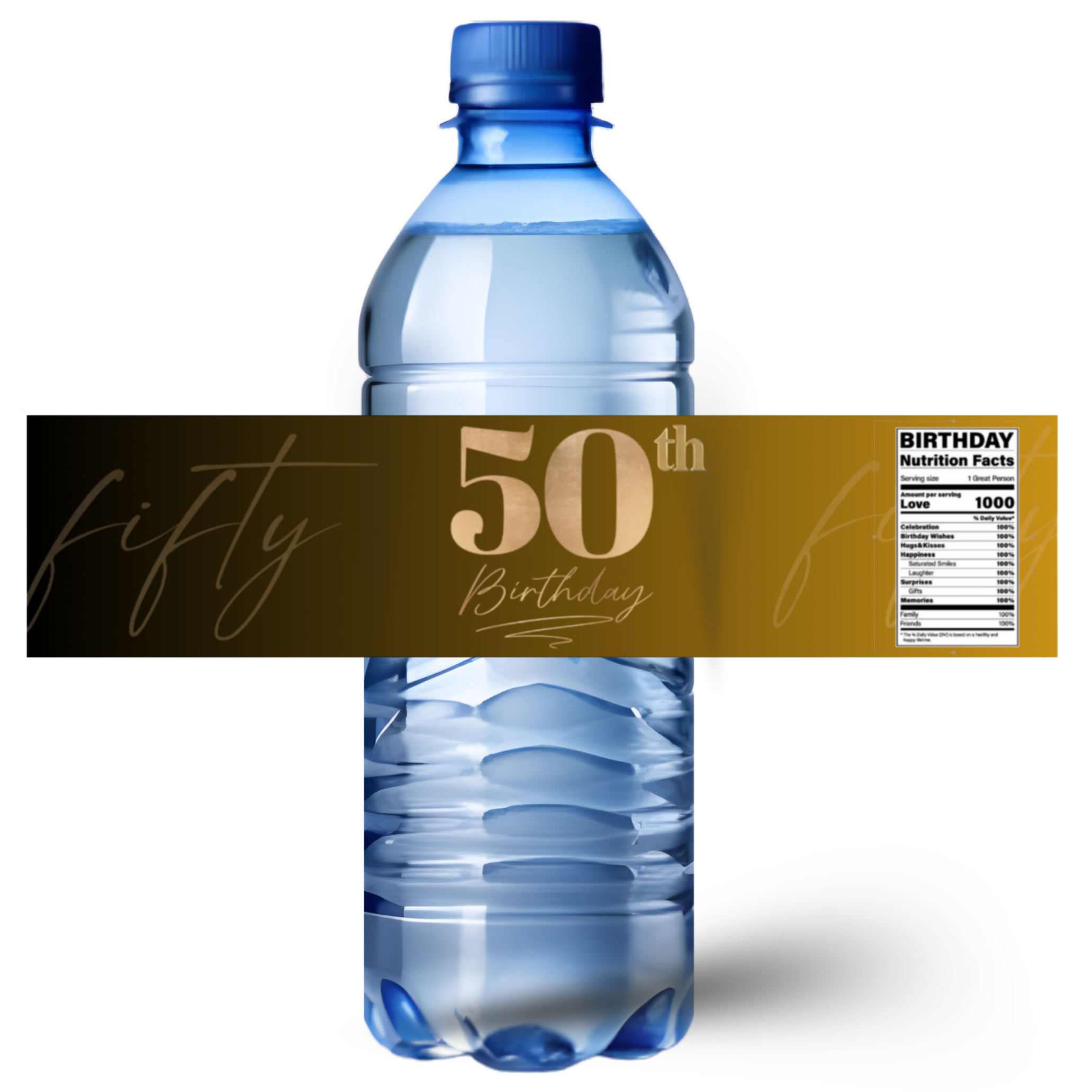 50th Birthday Water Bottle Labels | Fifty Celebration Party Decor | Gold Theme Bottle Wraps | Glossy