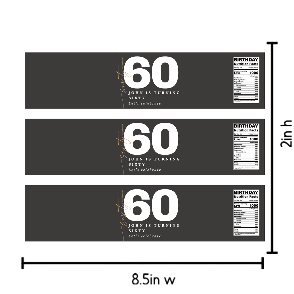 Personalized 60th Birthday Water Bottle Labels | Milestone Celebration Favors| Glossy| 60th Birthday| 12ct