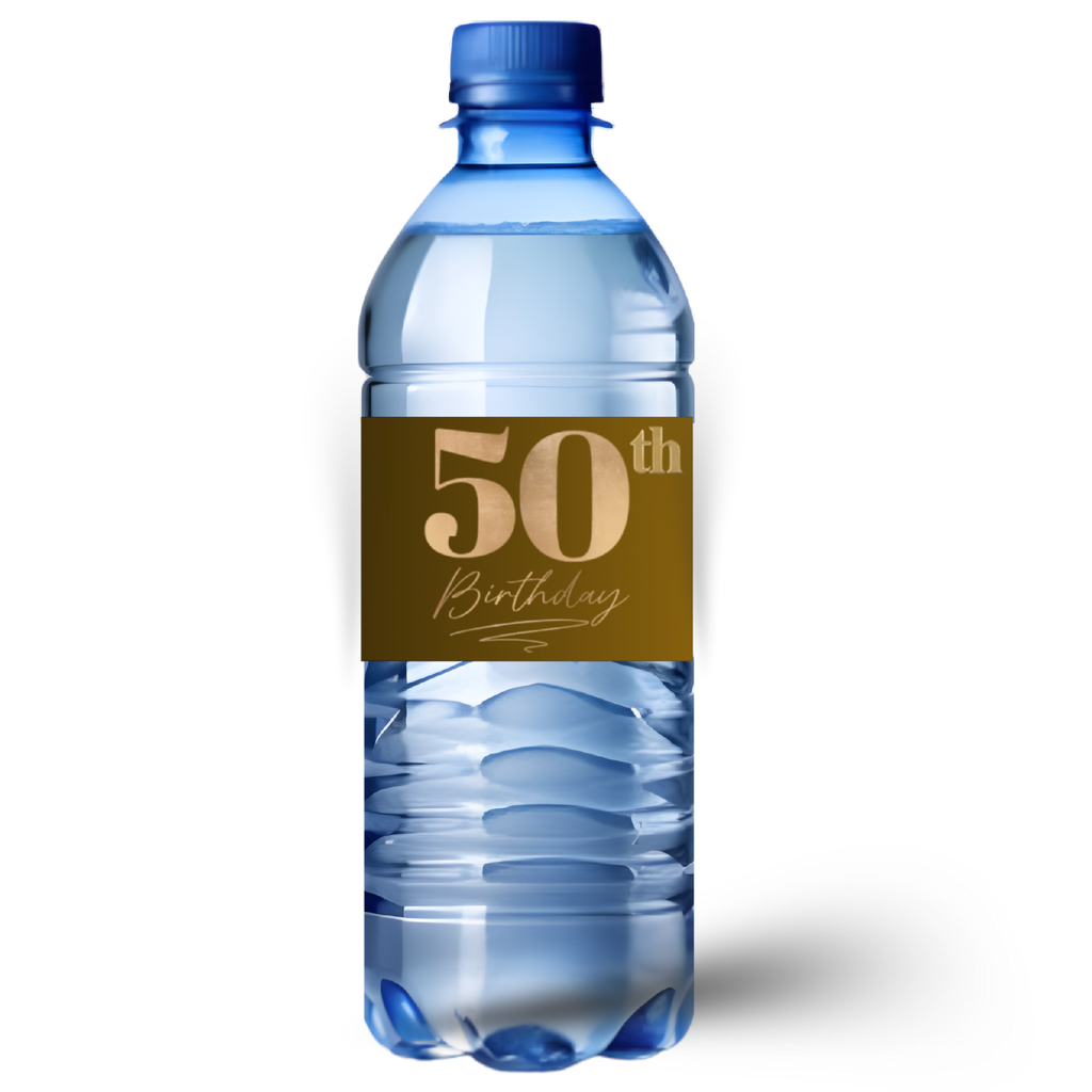 50th Birthday Water Bottle Labels | Fifty Celebration Party Decor | Gold Theme Bottle Wraps | Glossy