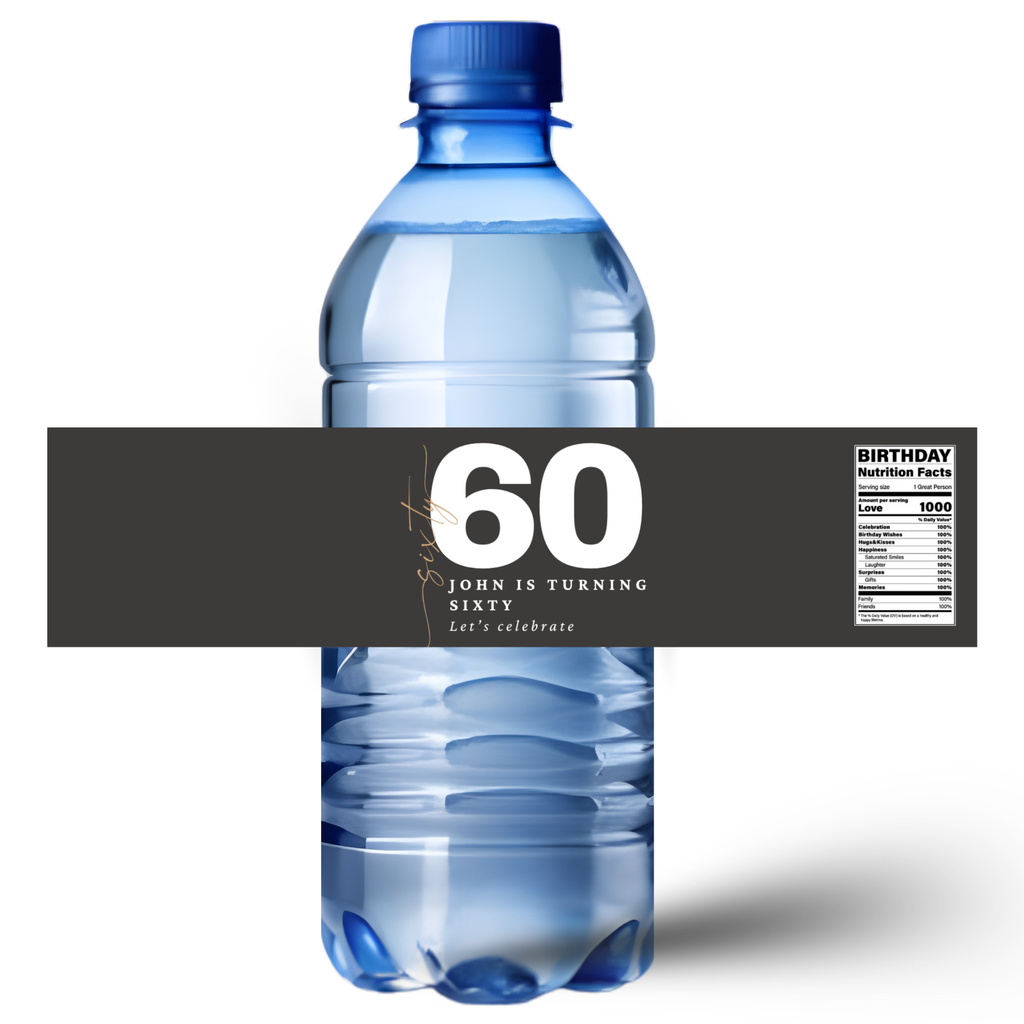 Personalized 60th Birthday Water Bottle Labels | Milestone Celebration Favors| Glossy| 60th Birthday| 12ct