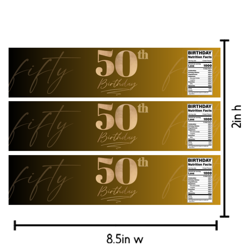 50th Birthday Water Bottle Labels | Fifty Celebration Party Decor | Gold Theme Bottle Wraps | Glossy