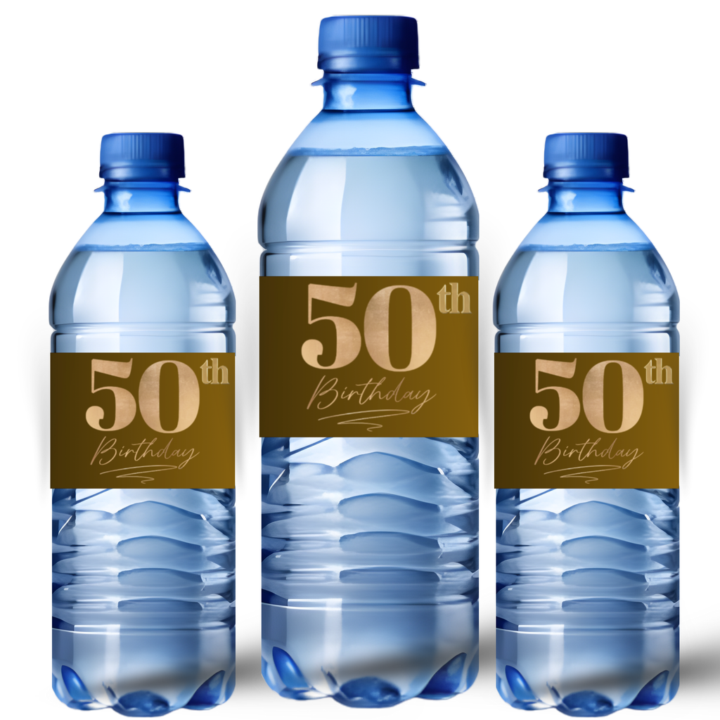50th Birthday Water Bottle Labels | Fifty Celebration Party Decor | Gold Theme Bottle Wraps | Glossy