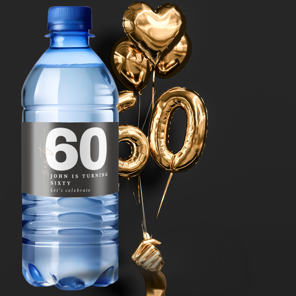 Personalized 60th Birthday Water Bottle Labels | Milestone Celebration Favors| Glossy| 60th Birthday| 12ct