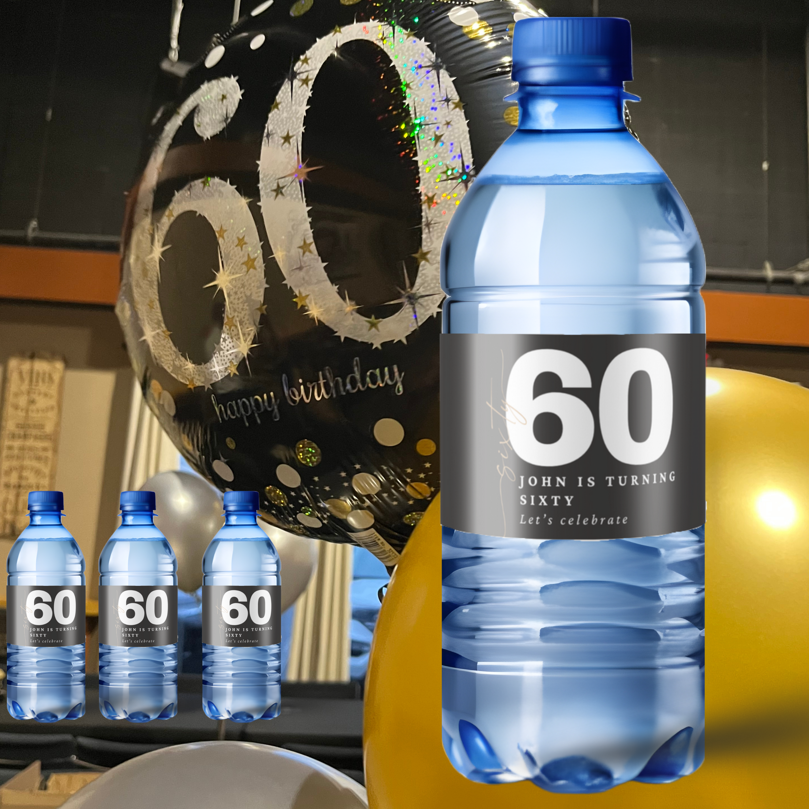Personalized 60th Birthday Water Bottle Labels | Milestone Celebration Favors| Glossy| 60th Birthday| 12ct