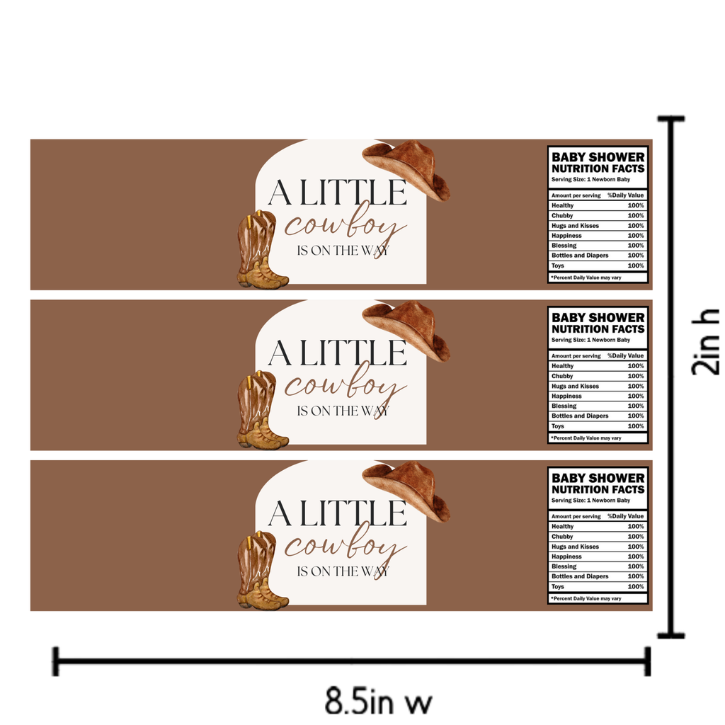 Cowboy Baby Shower Water Bottle Labels | Our Little Cowboy Is On The Way | Western Party Decor | Glossy