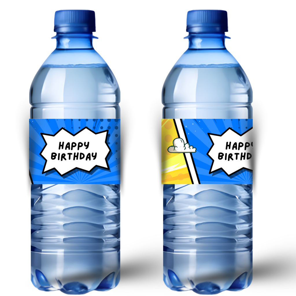 Superhero Birthday Water Bottle Labels | Kids Party Comic Decor | Happy Birthday Bottle Wraps |Glossy