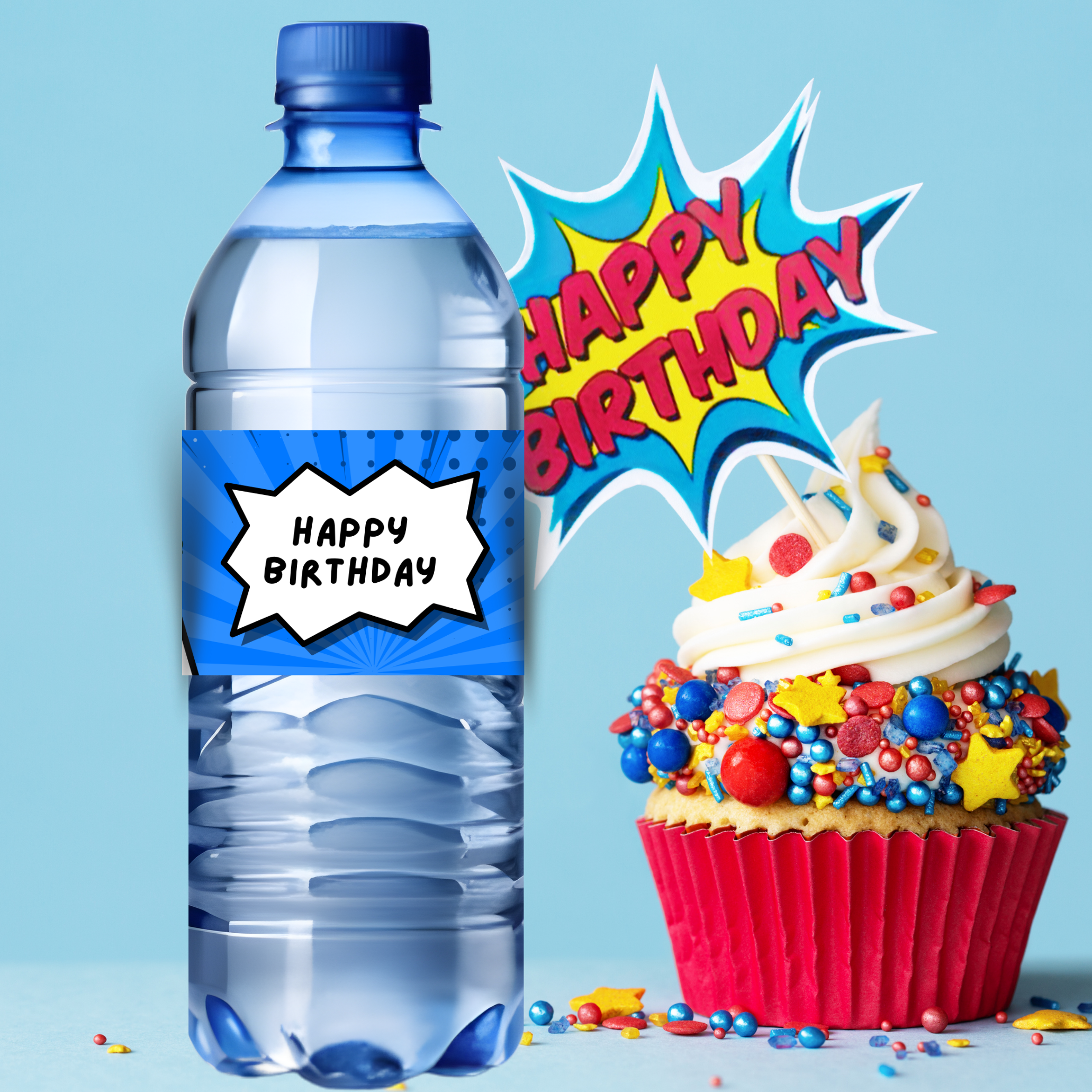 Superhero Birthday Water Bottle Labels | Kids Party Comic Decor | Happy Birthday Bottle Wraps |Glossy