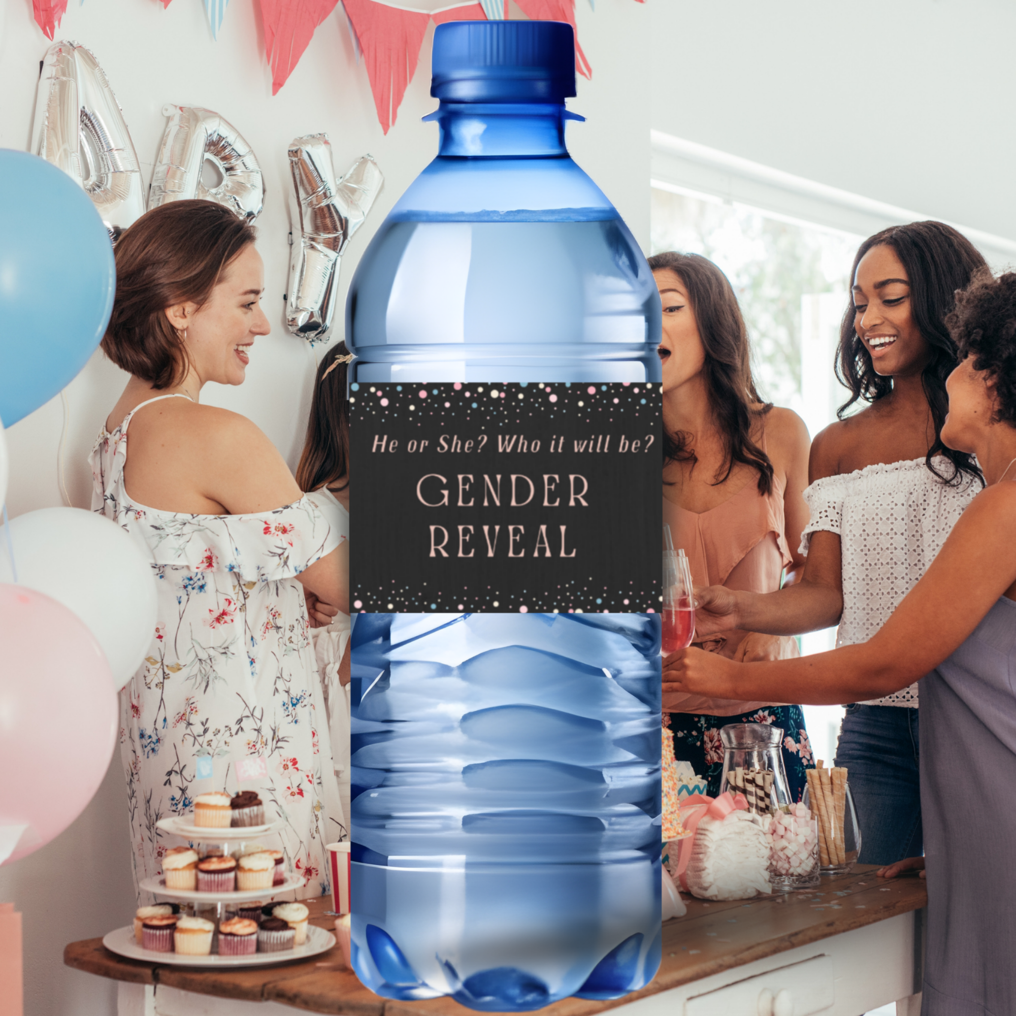 Gender Reveal Water Bottle Labels | He or She Who Will It Be | Baby Shower Party Decor | Glossy