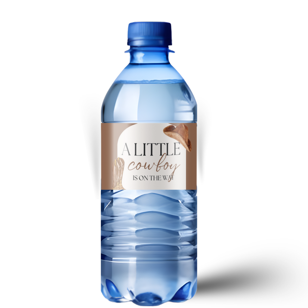 Cowboy Baby Shower Water Bottle Labels | Our Little Cowboy Is On The Way | Western Party Decor | Glossy